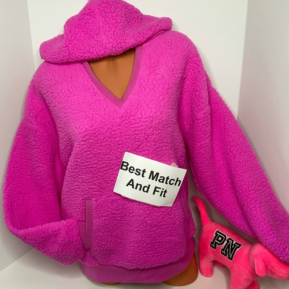 Victoria’s Secret PINK S Sherpa Hoodie Embroidery Logo Long-sleeve Hot Pink